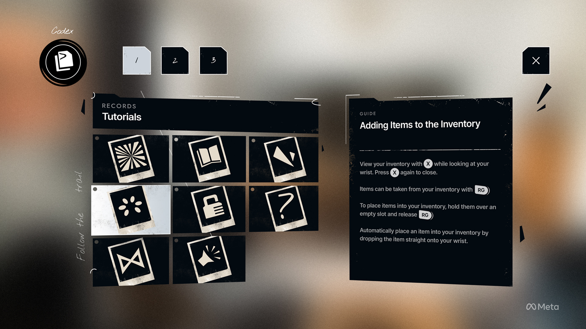 design styleframe of the shattered VR codex menu